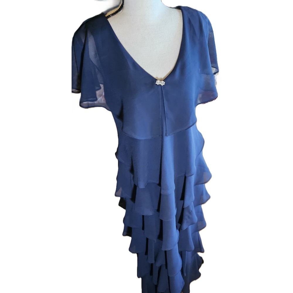 SLNY Womens 10 Dress Ruffled Tiered Layered Maxi Formal Prom Bridal Navy 1-01698